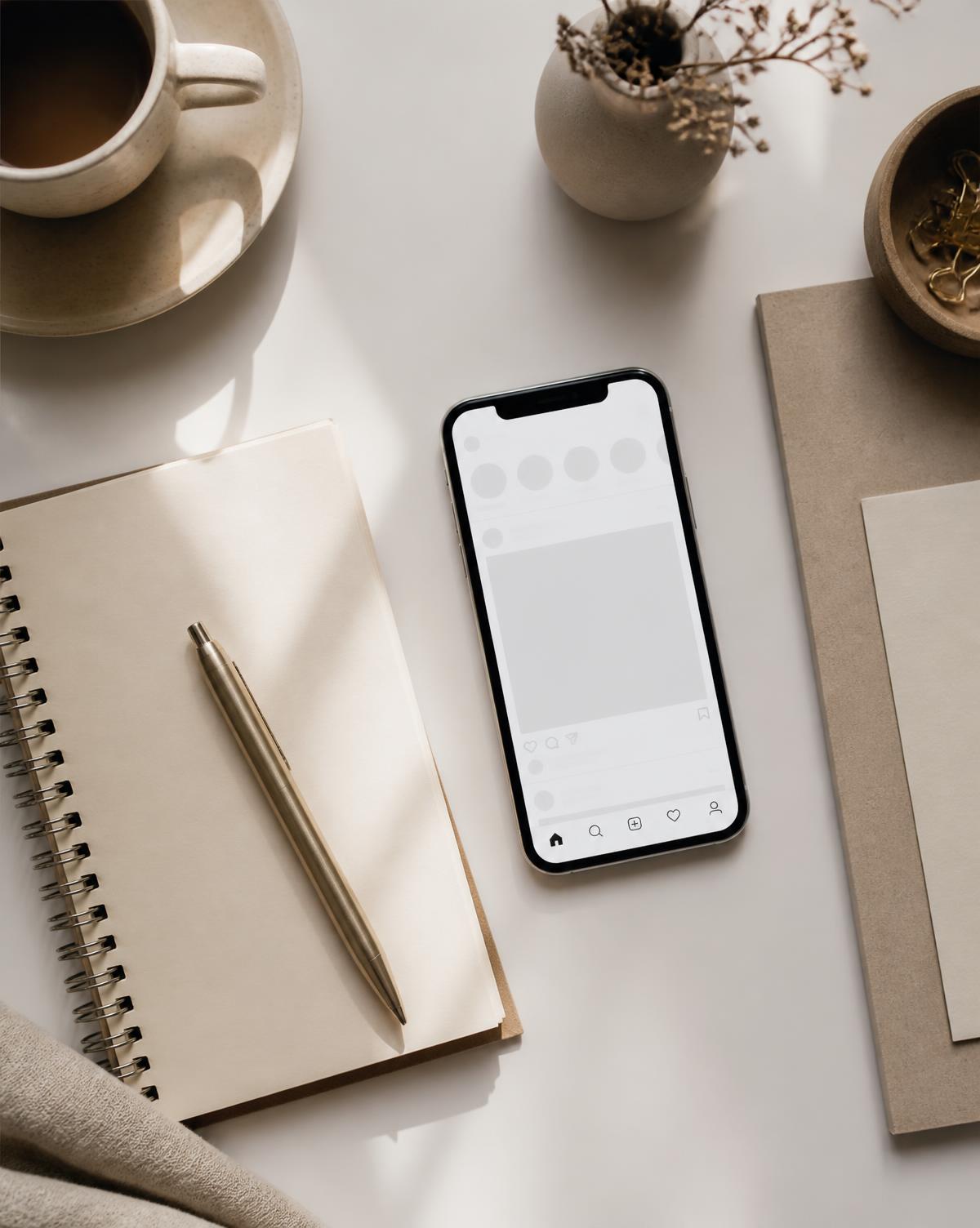 Bureau épuré avec carnet, stylo et téléphone affichant un fil social